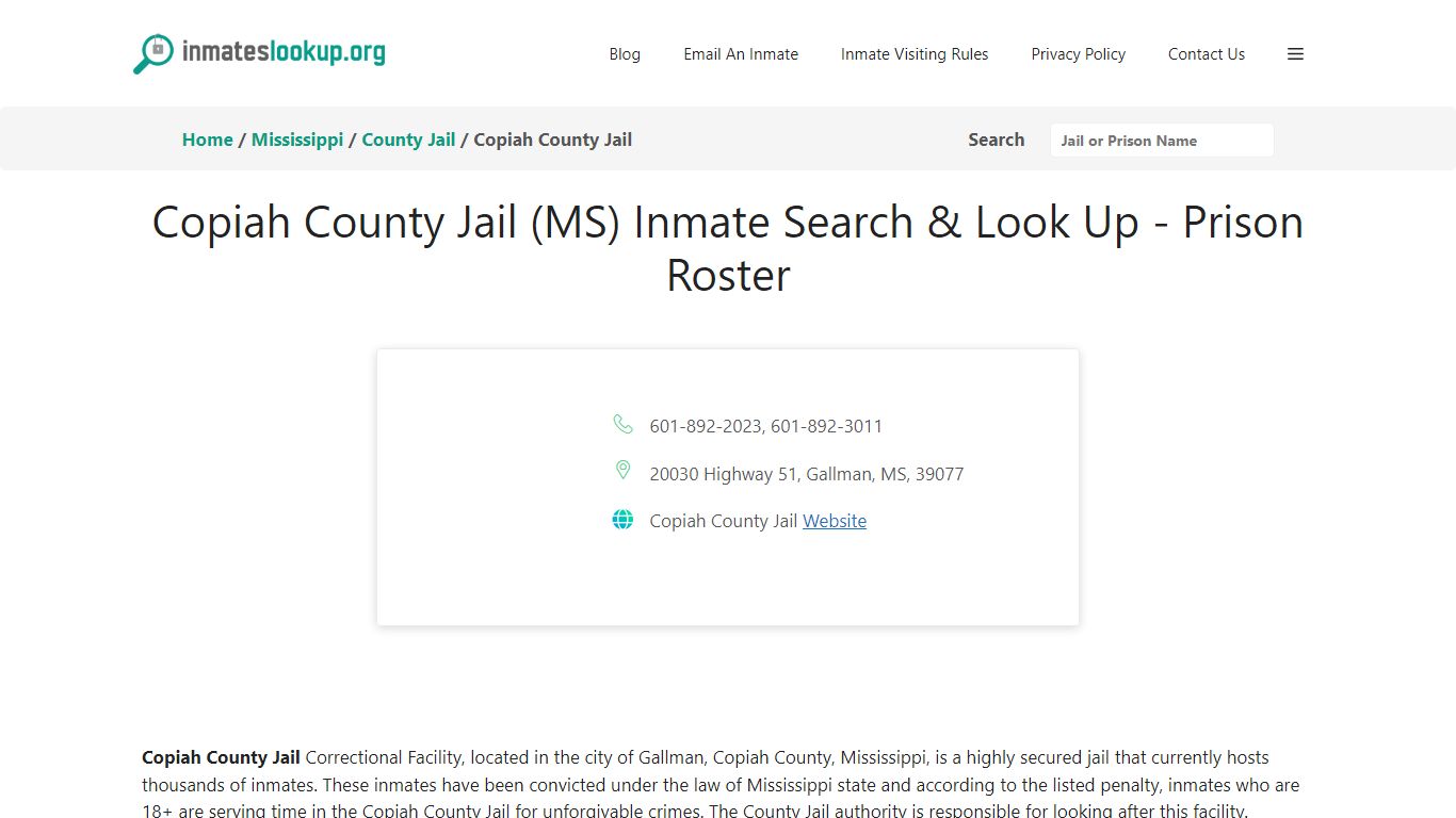 Copiah County Jail (MS) Inmate Search & Look Up - Prison Roster